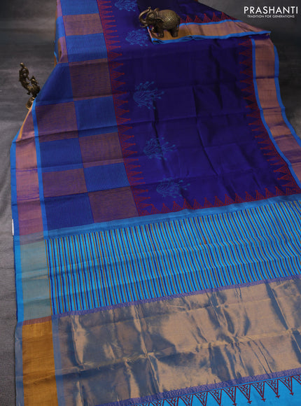 Silk cotton block printed saree blue and cs blue with butta prints and zari woven border