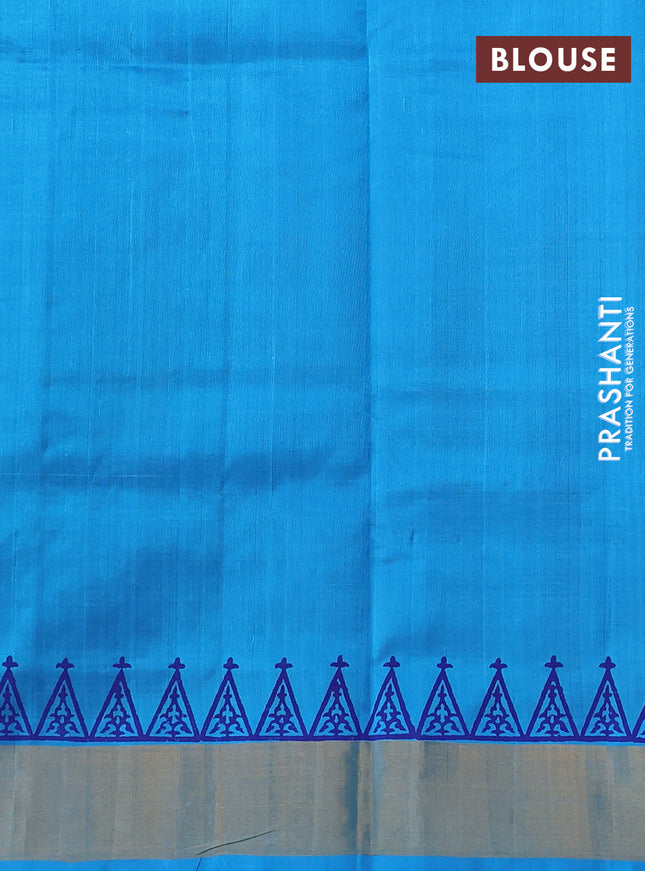 Silk cotton block printed saree blue and cs blue with butta prints and zari woven border