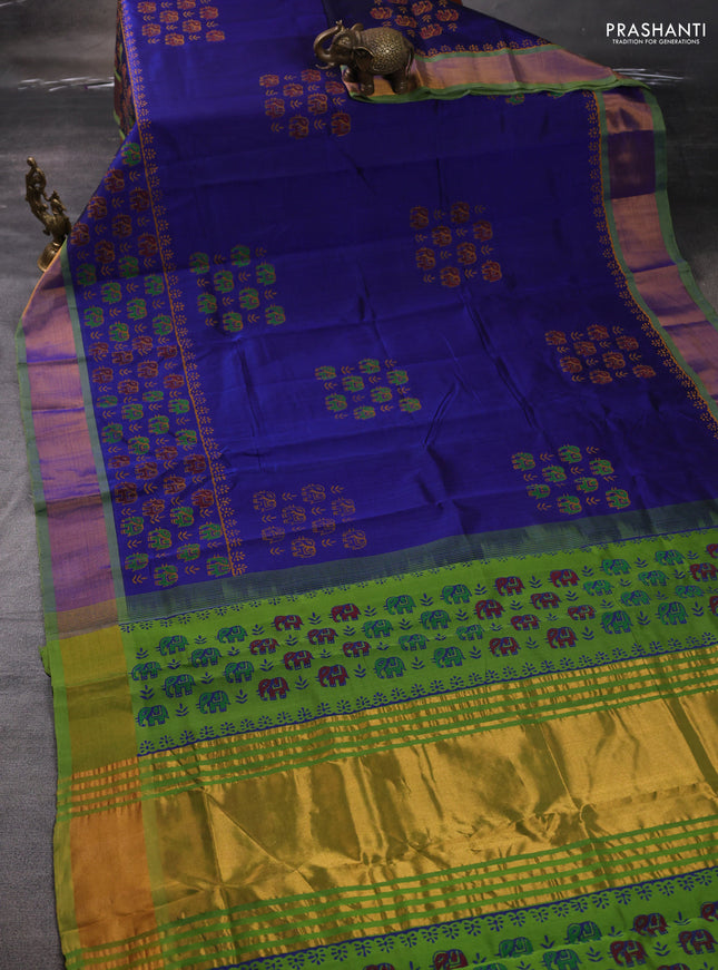 Silk cotton block printed saree blue and light green with allover prints and zari woven border