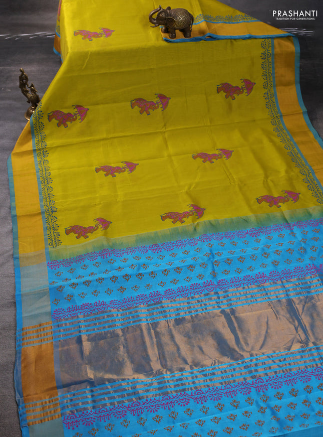 Silk cotton block printed saree lime yellow and cs blue with butta prints and zari woven border
