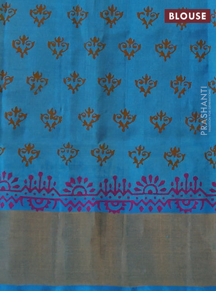 Silk cotton block printed saree lime yellow and cs blue with butta prints and zari woven border