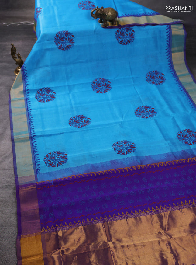 Silk cotton block printed saree light blue and violet with butta prints and zari woven border