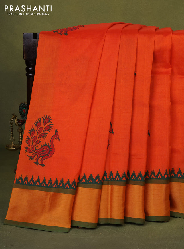 Silk cotton block printed saree orange and green with butta prints and zari woven border