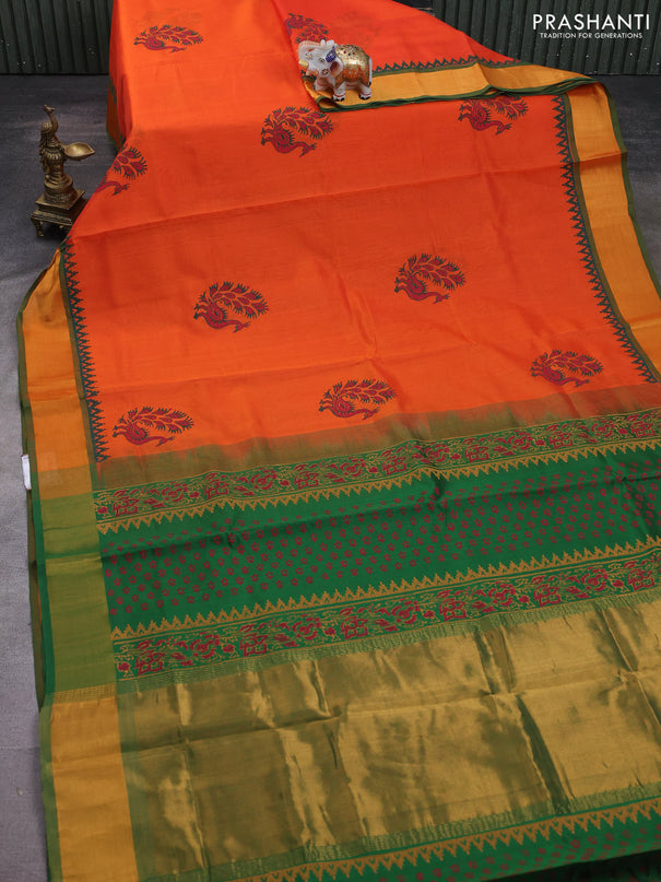 Silk cotton block printed saree orange and green with butta prints and zari woven border