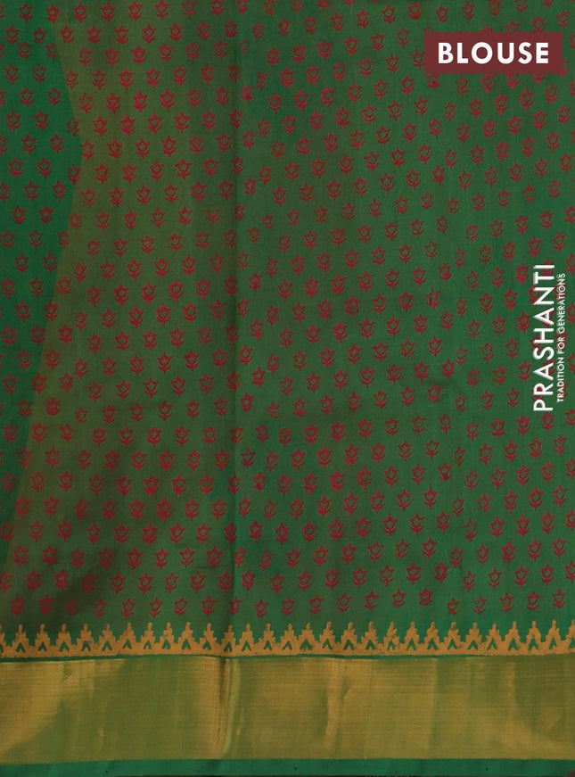 Silk cotton block printed saree orange and green with butta prints and zari woven border