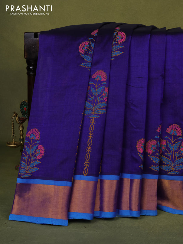 Silk cotton block printed saree blue and cs blue with butta prints and zari woven border