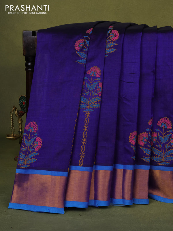 Silk cotton block printed saree blue and cs blue with butta prints and zari woven border