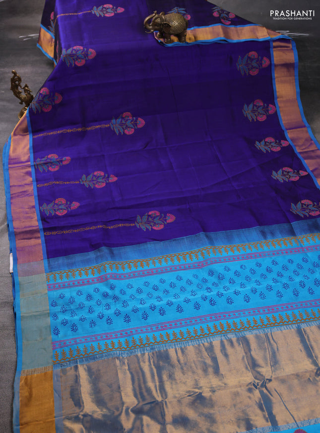 Silk cotton block printed saree blue and cs blue with butta prints and zari woven border