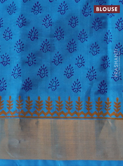 Silk cotton block printed saree blue and cs blue with butta prints and zari woven border