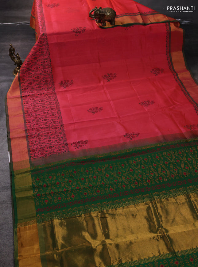Silk cotton block printed saree peach shade and green with butta prints and zari woven border