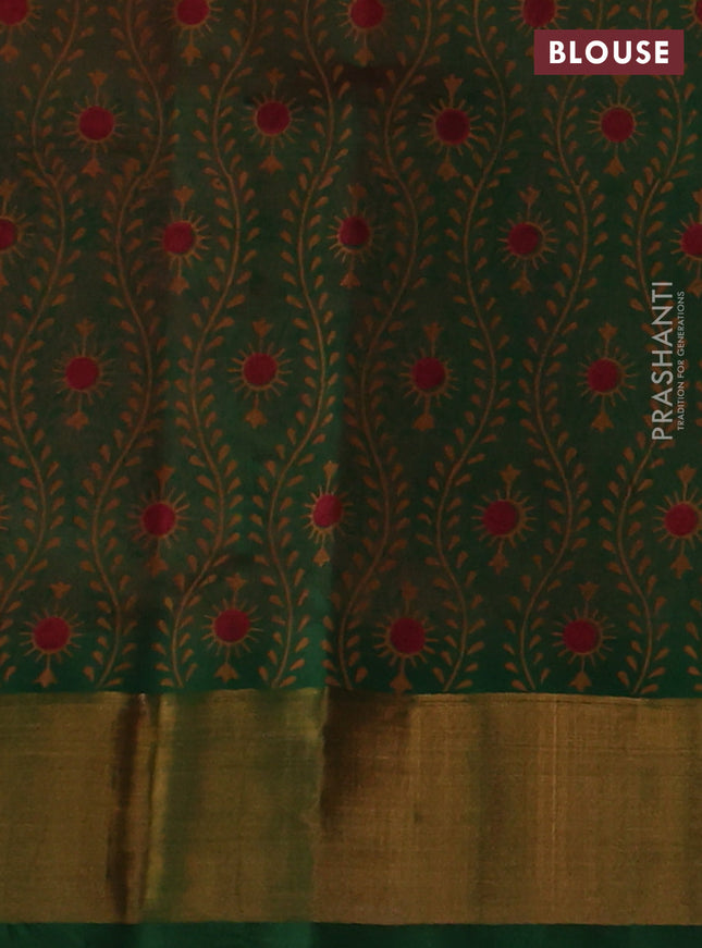 Silk cotton block printed saree peach shade and green with butta prints and zari woven border