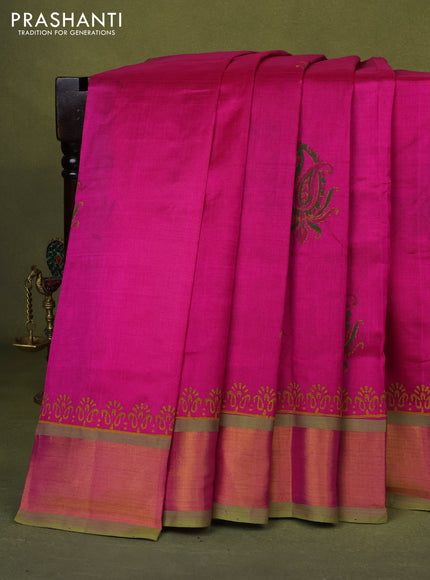 Silk cotton block printed saree pink and light green with paisley butta prints and zari woven border