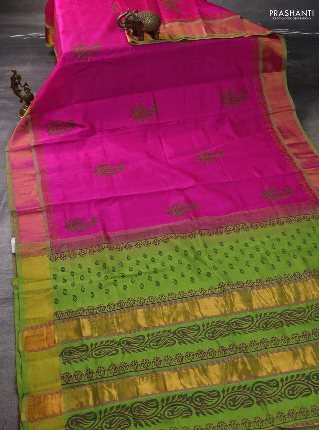 Silk cotton block printed saree pink and light green with paisley butta prints and zari woven border
