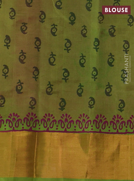Silk cotton block printed saree pink and light green with paisley butta prints and zari woven border