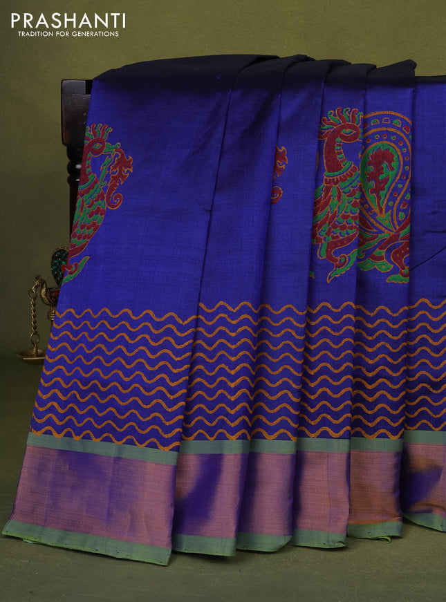 Silk cotton block printed saree blue and light green with annam butta prints and zari woven border