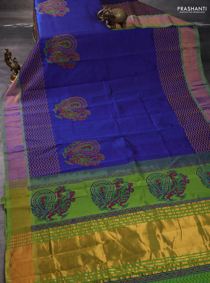 Silk cotton block printed saree blue and light green with annam butta prints and zari woven border
