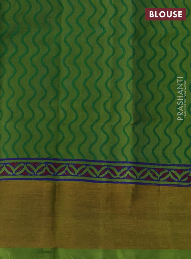 Silk cotton block printed saree blue and light green with annam butta prints and zari woven border