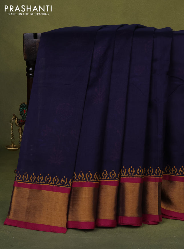 Silk cotton block printed saree navy blue and pink with floral butta prints and zari woven border