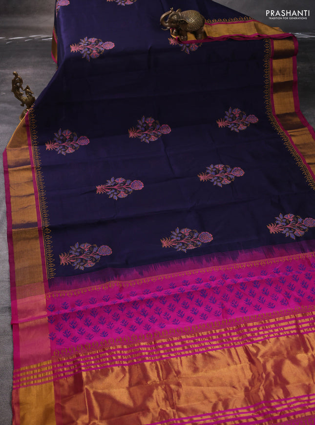 Silk cotton block printed saree navy blue and pink with floral butta prints and zari woven border