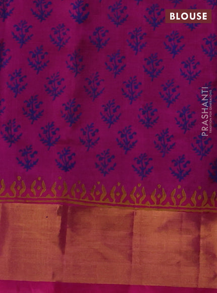 Silk cotton block printed saree navy blue and pink with floral butta prints and zari woven border