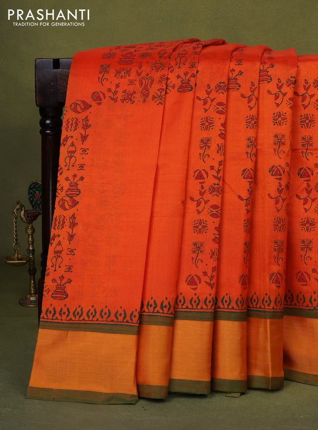 Silk cotton block printed saree orange and green with allover prints and zari woven border