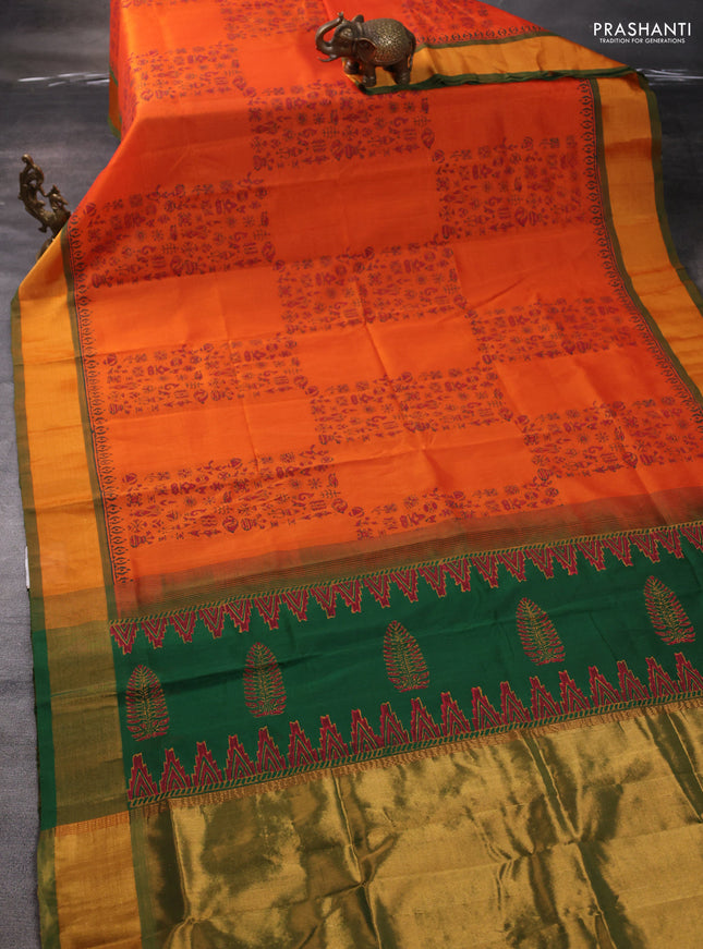 Silk cotton block printed saree orange and green with allover prints and zari woven border