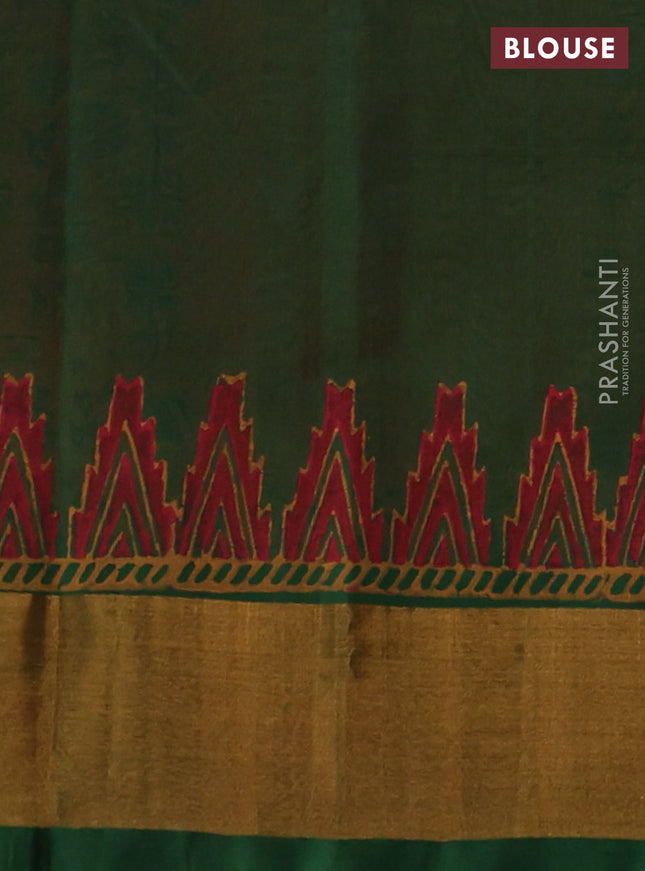 Silk cotton block printed saree orange and green with allover prints and zari woven border