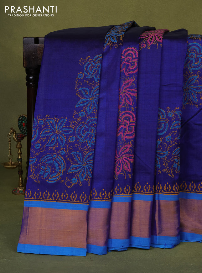Silk cotton block printed saree blue and cs blue with kalamkari prints and zari woven border