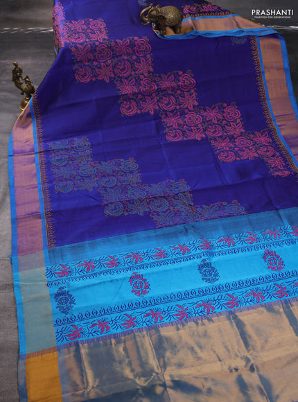 Silk cotton block printed saree blue and cs blue with kalamkari prints and zari woven border
