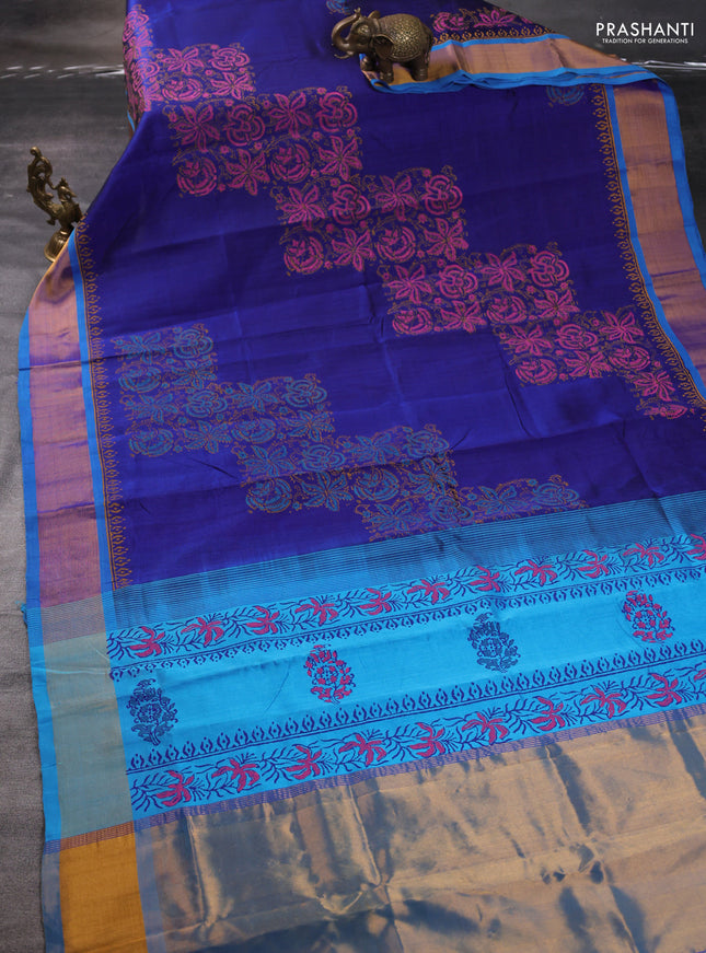 Silk cotton block printed saree blue and cs blue with kalamkari prints and zari woven border