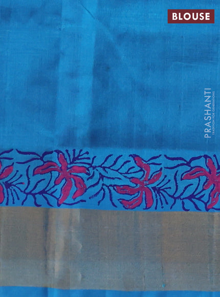 Silk cotton block printed saree blue and cs blue with kalamkari prints and zari woven border