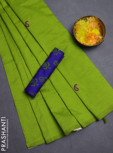 Semi silk cotton saree fluorescent green and blue with embroidery buttas in borderless style