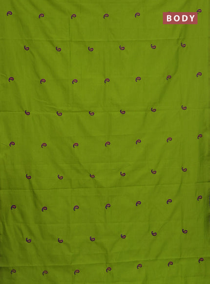Semi silk cotton saree fluorescent green and blue with embroidery buttas in borderless style