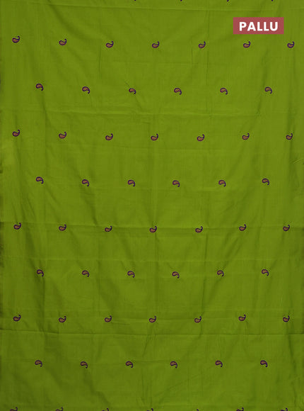 Semi silk cotton saree fluorescent green and blue with embroidery buttas in borderless style