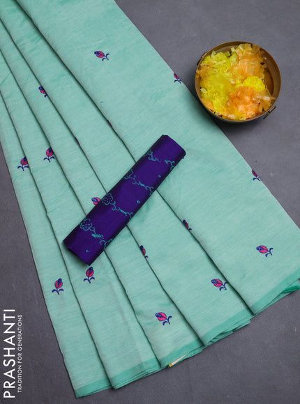Semi silk cotton saree teal green with embroidery buttas in borderless style