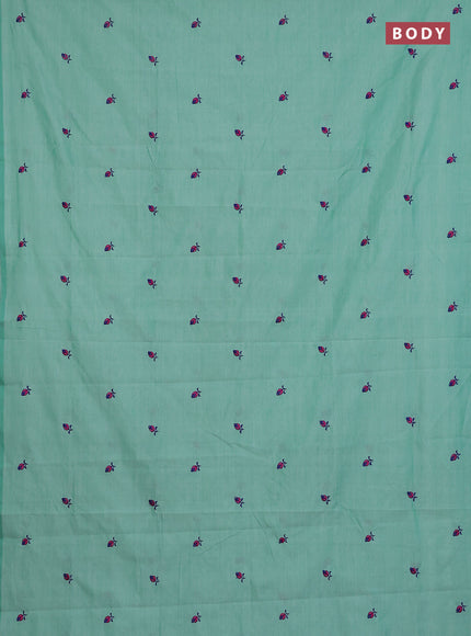 Semi silk cotton saree teal green with embroidery buttas in borderless style