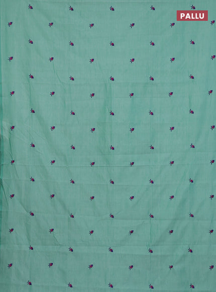 Semi silk cotton saree teal green with embroidery buttas in borderless style