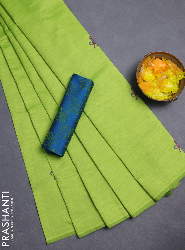 Semi silk cotton saree fluorescent green and teal blue with embroidery buttas in borderless style