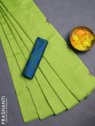 Semi silk cotton saree fluorescent green and teal blue with embroidery buttas in borderless style
