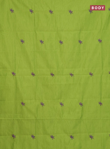Semi silk cotton saree fluorescent green and teal blue with embroidery buttas in borderless style