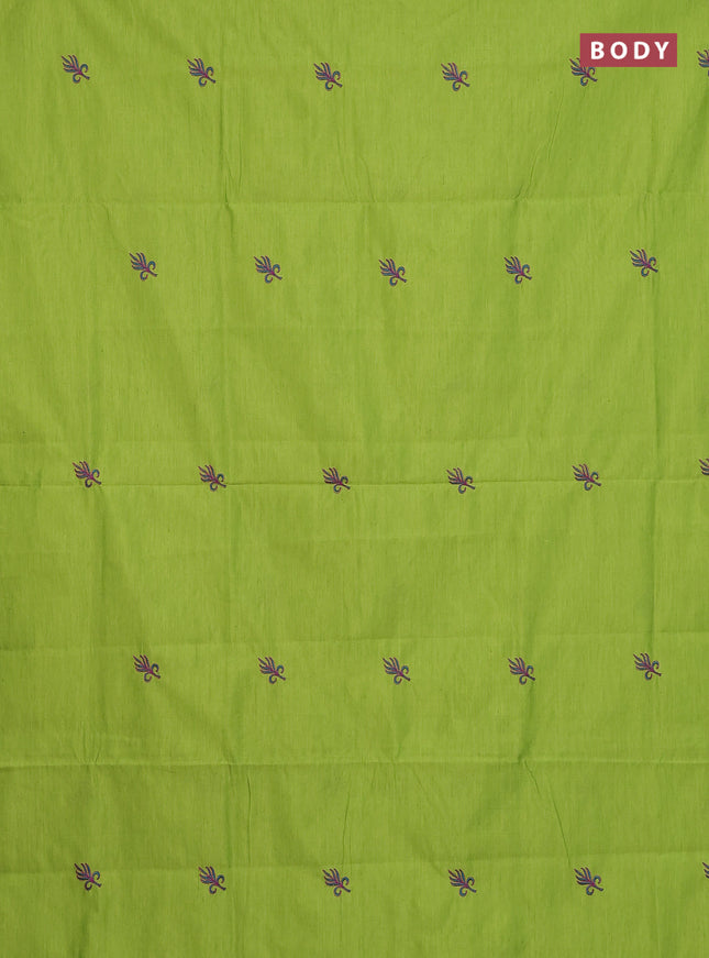 Semi silk cotton saree fluorescent green and teal blue with embroidery buttas in borderless style