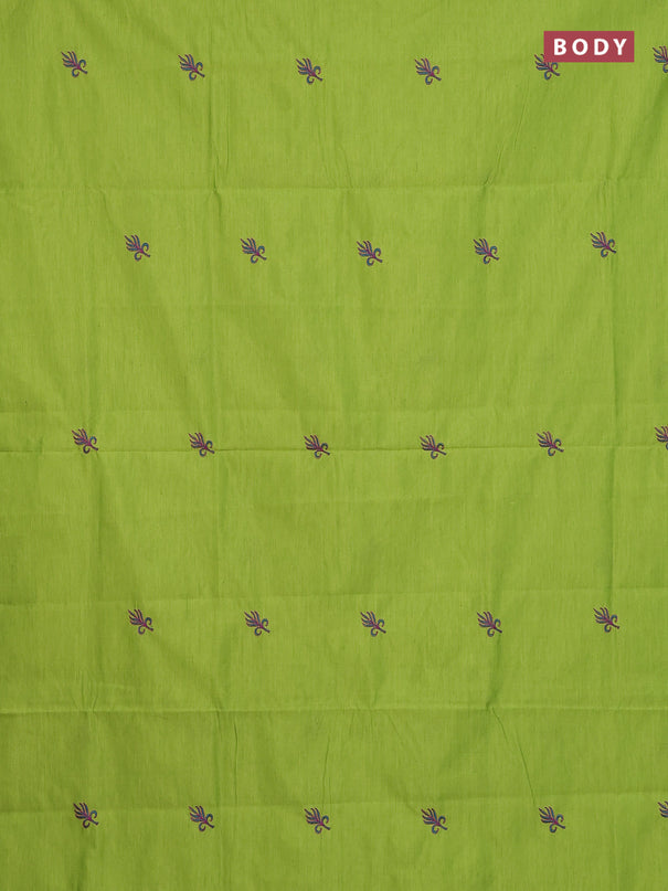 Semi silk cotton saree fluorescent green and teal blue with embroidery buttas in borderless style