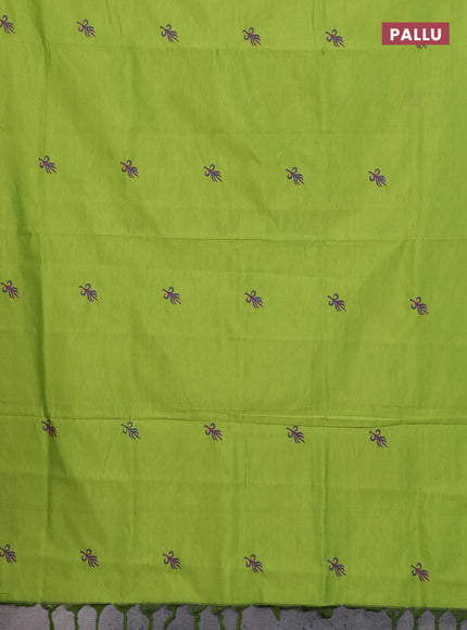 Semi silk cotton saree fluorescent green and teal blue with embroidery buttas in borderless style