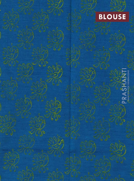 Semi silk cotton saree fluorescent green and teal blue with embroidery buttas in borderless style