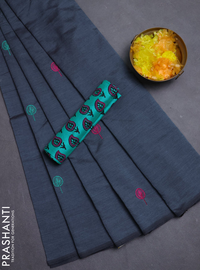 Semi silk cotton saree grey and teal green with embroidery buttas in borderless style