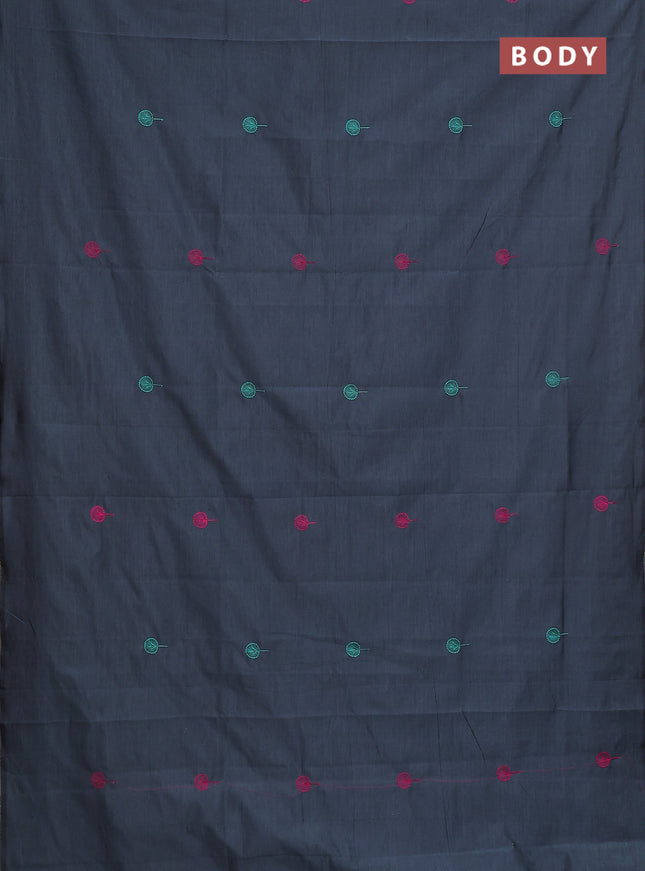 Semi silk cotton saree grey and teal green with embroidery buttas in borderless style