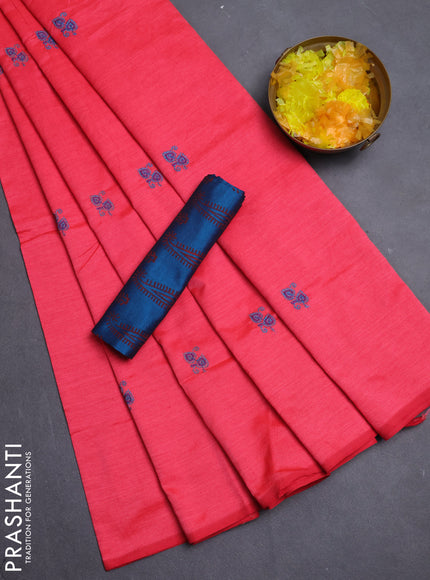 Semi silk cotton saree peach pink and peacock blue with emboridery buttas in borderless style