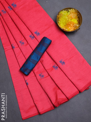 Semi silk cotton saree peach pink and peacock blue with emboridery buttas in borderless style