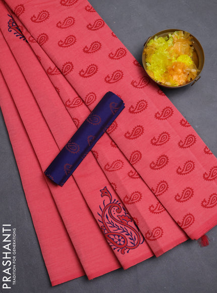 Semi silk cotton saree peach pink and navy blue with plain body and printed border