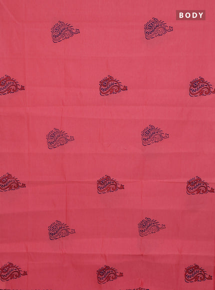 Semi silk cotton saree peach pink and navy blue with plain body and printed border
